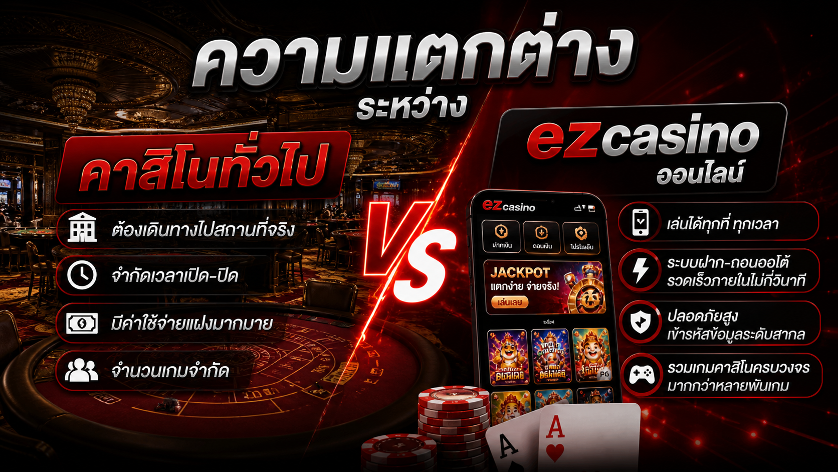 ความแตกต่างระหว่างคาสิโนทั่วไปและ ezcasino ออนไลน์ ปี 2026 เลือกแบบไหนดีกว่ากัน?